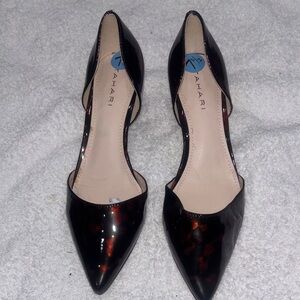 Tahari Black Patent Pointed D'Orsay Heels with Tortoiseshell Accents